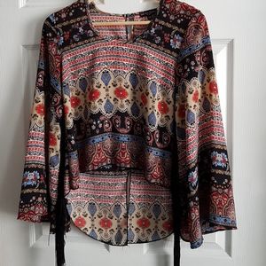 Boho Fringed Sleeves High Low Patterned Top